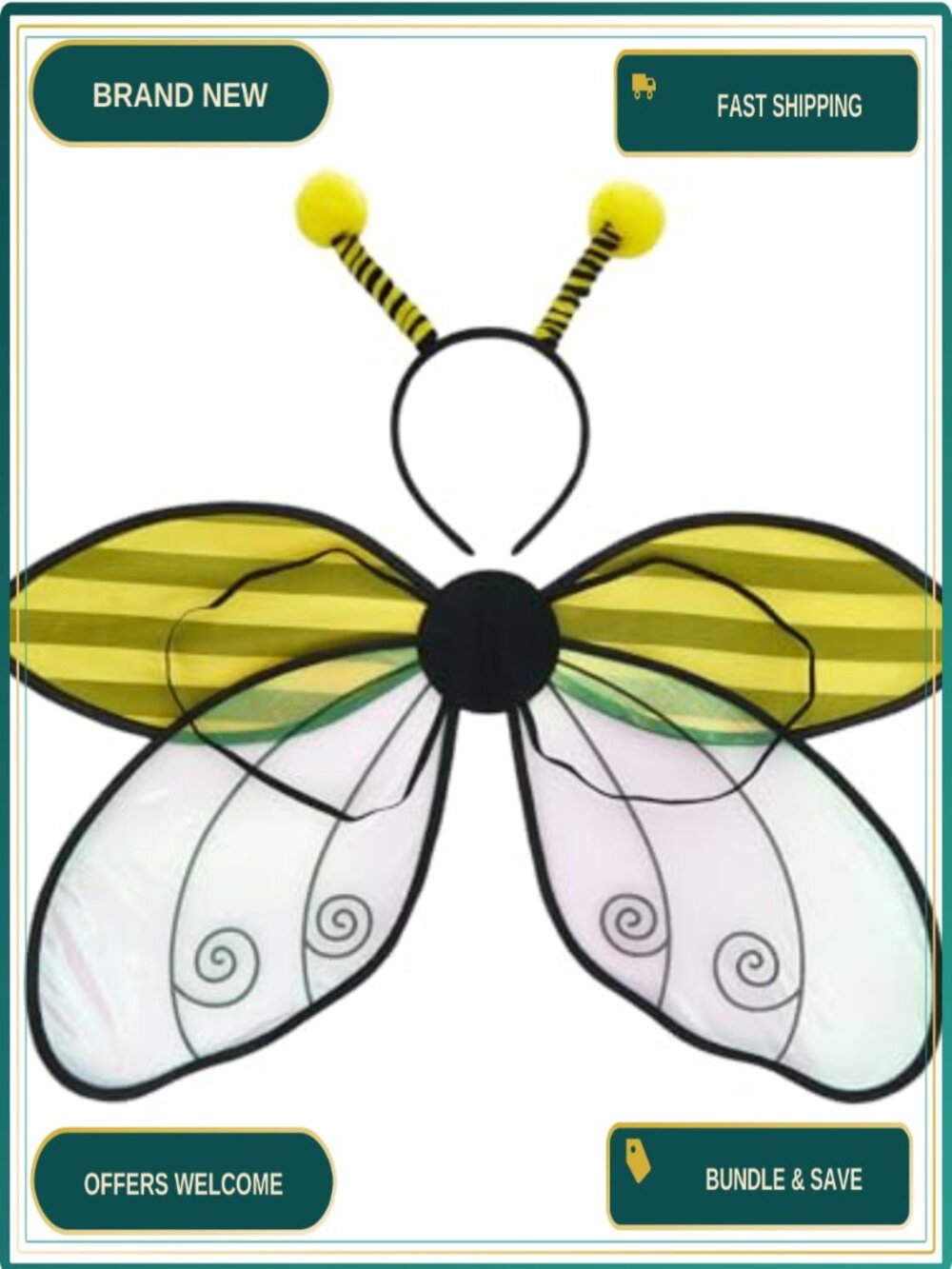 Adult Fairy Bee Costume Wings Antenna Headband Organza Halloween Party Set